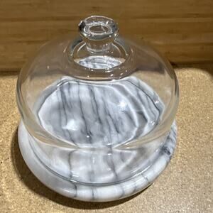 Vintage Thick Glass Domed Cloche Butter Cheese Dish with Marble Base